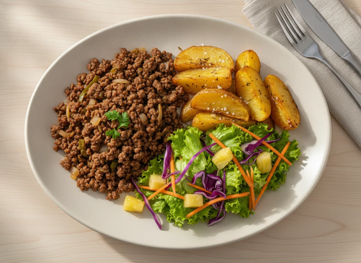 Prato feito com carne moída, batatas rústicas e salada mista photo