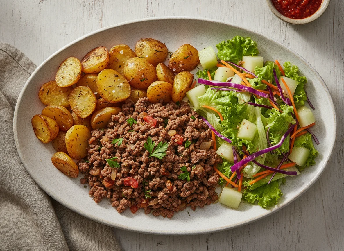 Prato feito com carne moída, batatas rústicas e salada photo