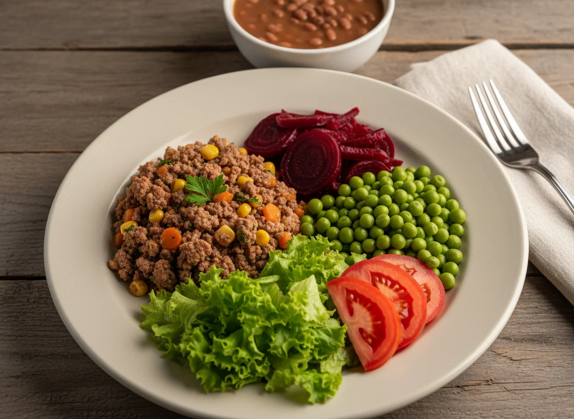 Prato feito com carne moída, beterraba, ervilha e salada photo
