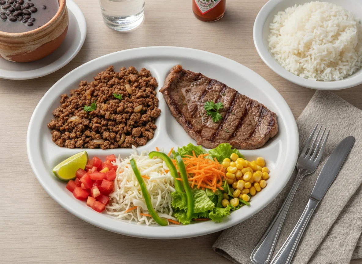 Prato feito com carne moída, bife e salada mista photo