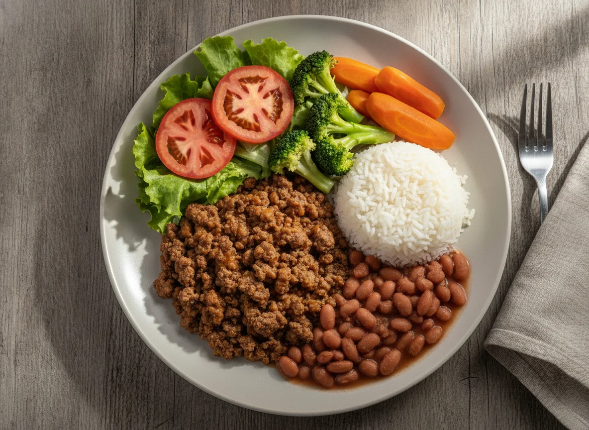 Prato feito com carne moída, cenoura, brócolis e salada photo