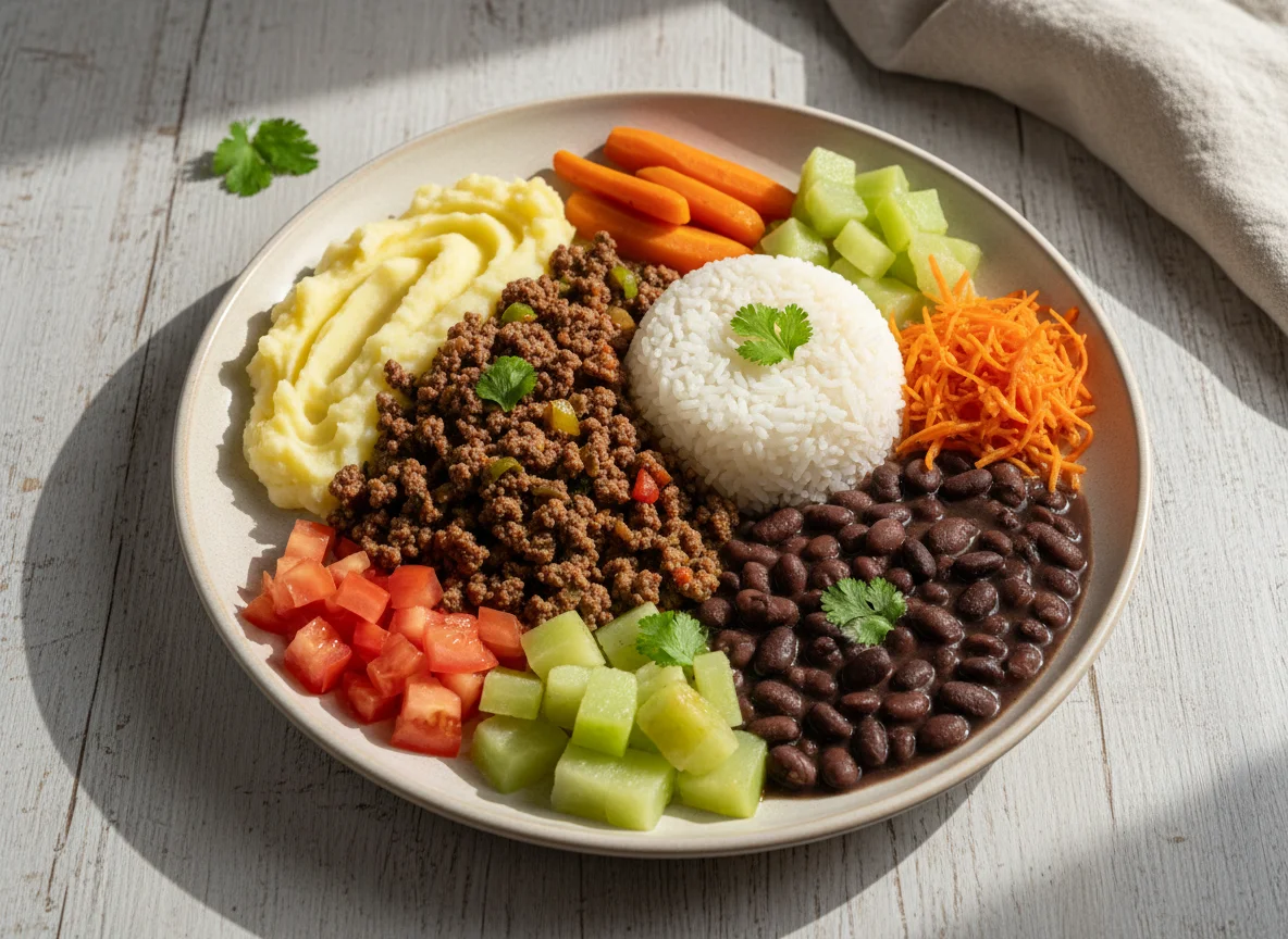 Prato feito com carne moída e acompanhamentos photo