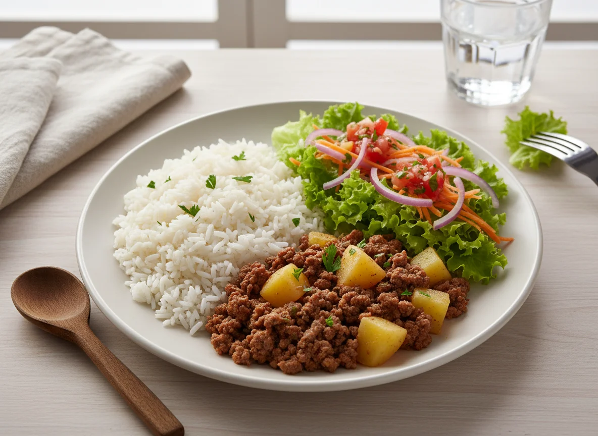 Prato feito com carne moída e batatas, arroz e salada photo