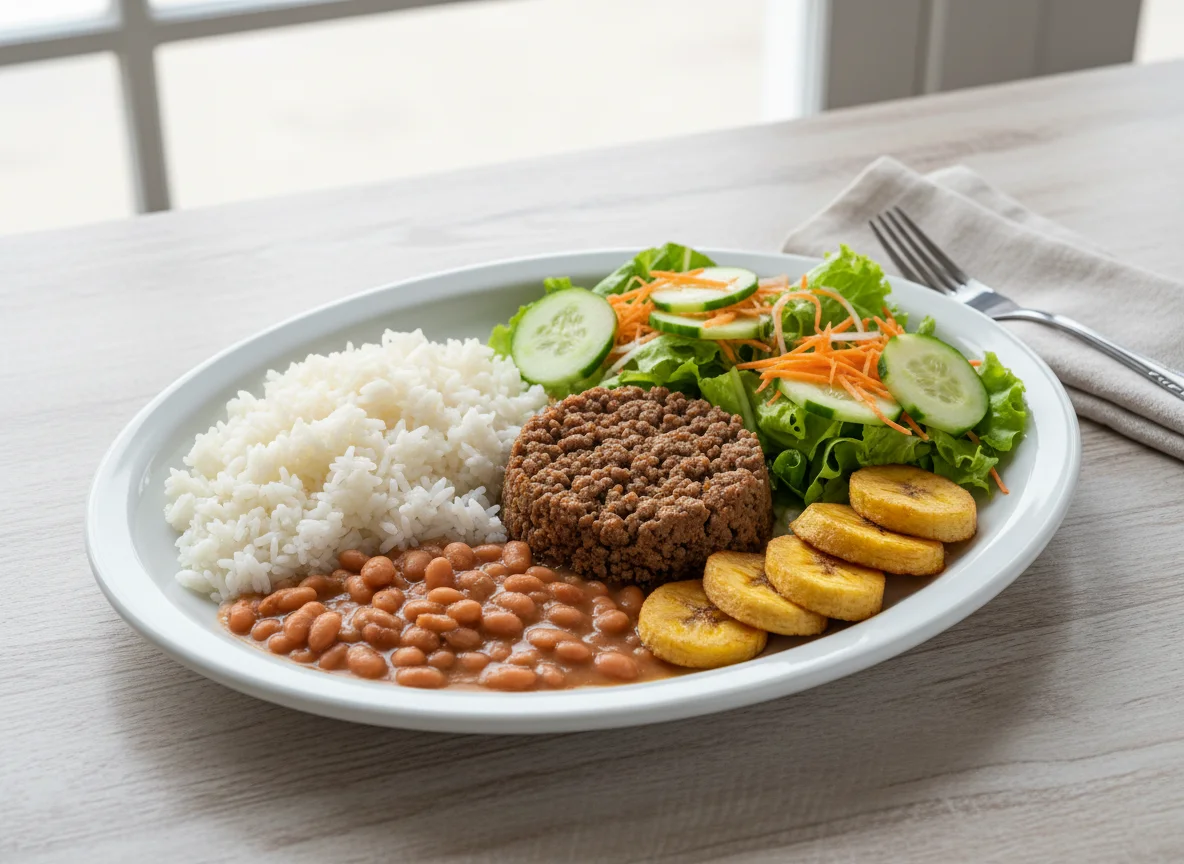 Prato feito com carne moída, feijão, arroz, banana da terra frita e salada photo