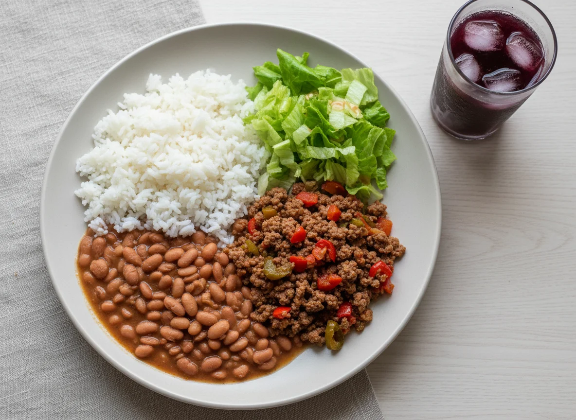 Prato feito com carne moída, feijão, arroz e salada photo