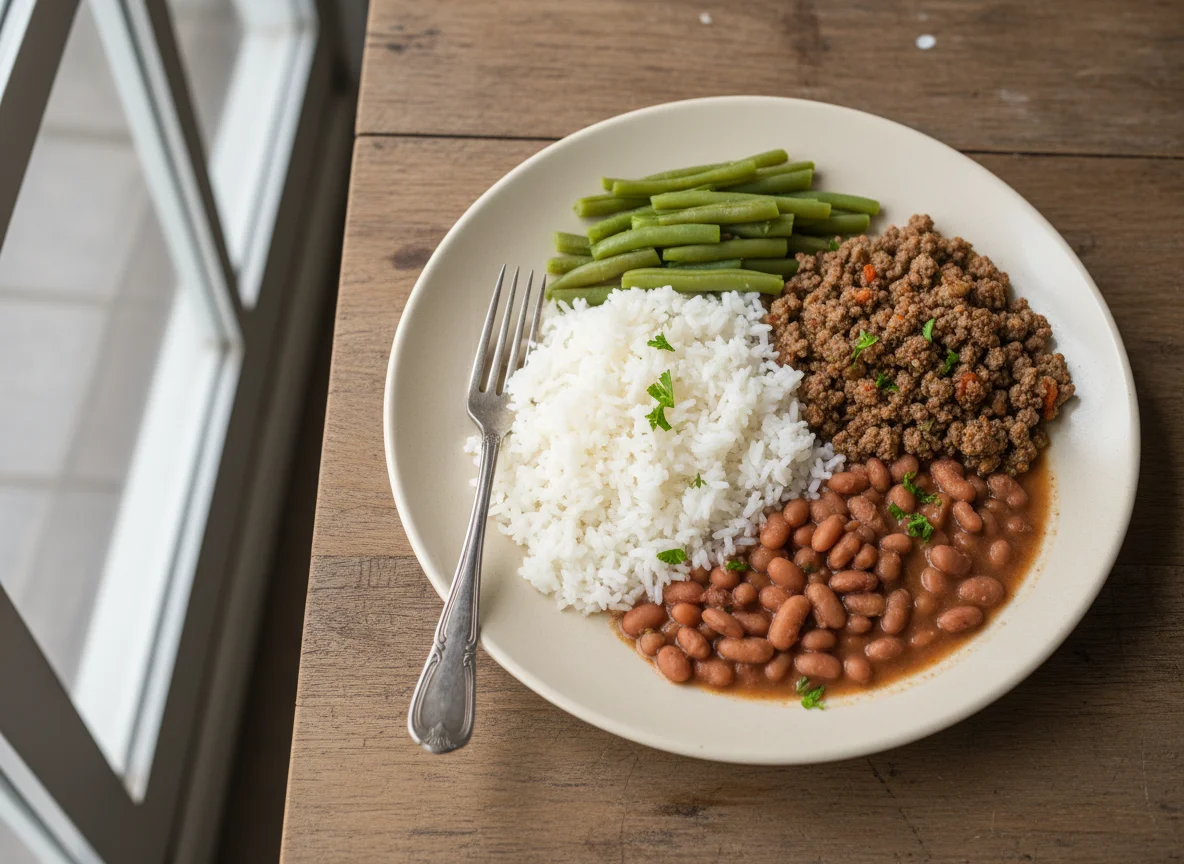 Prato feito com carne moída, feijão, arroz e vagem photo
