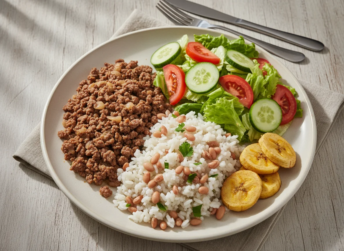 Prato feito com carne moída, feijão fradinho, arroz e salada photo