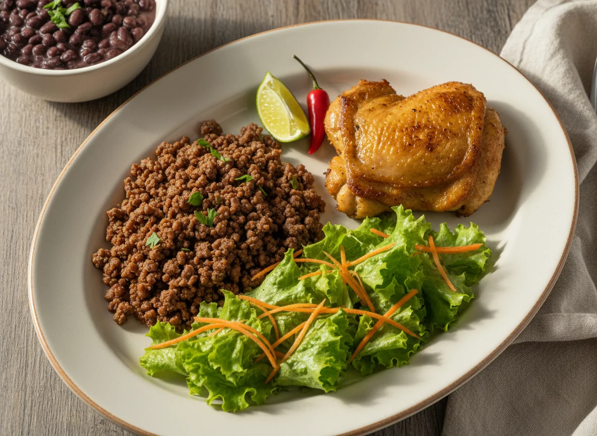 Prato feito com carne moída, frango e salada photo