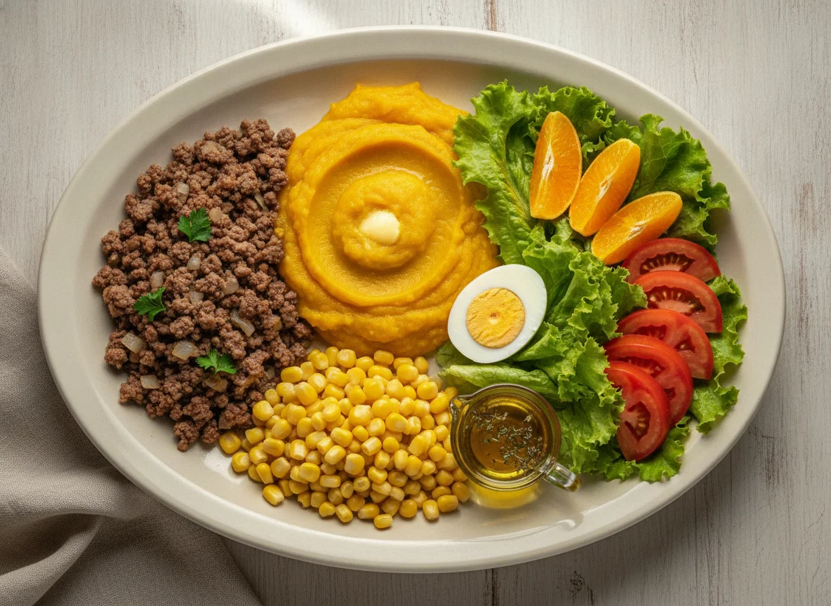 Prato feito com carne moída, milho, purê de abóbora e salada photo