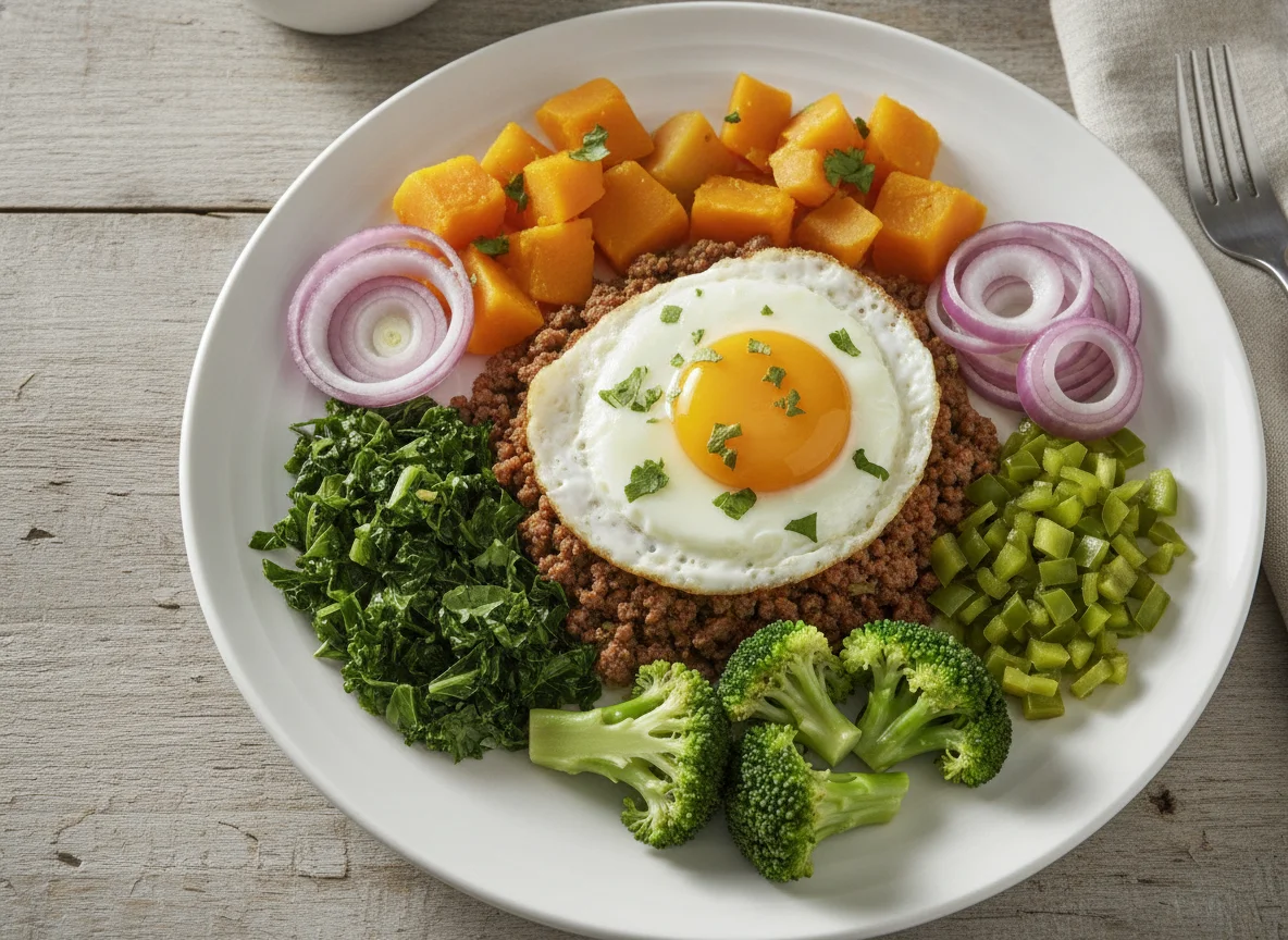 Prato feito com carne moída, ovo e legumes photo