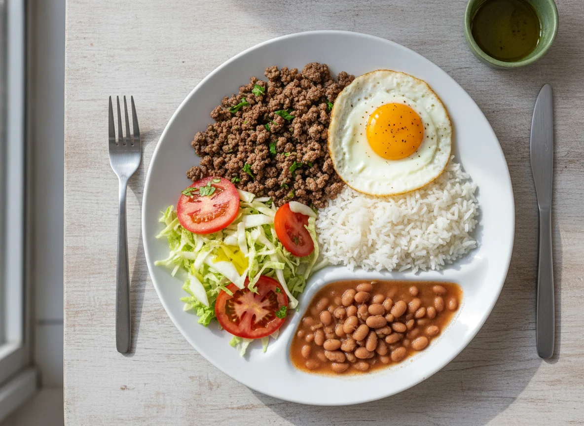 Prato Feito com Carne Moída, Ovo e Salada photo