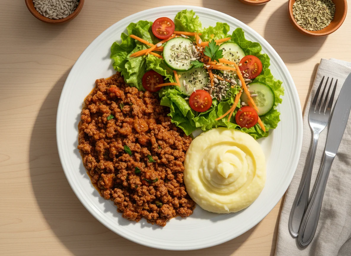 Prato feito com carne moída, purê de batata e salada photo