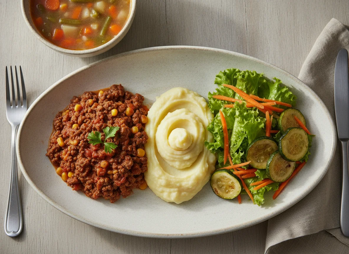 Prato feito com carne moída, purê de batata, salada e sopa photo