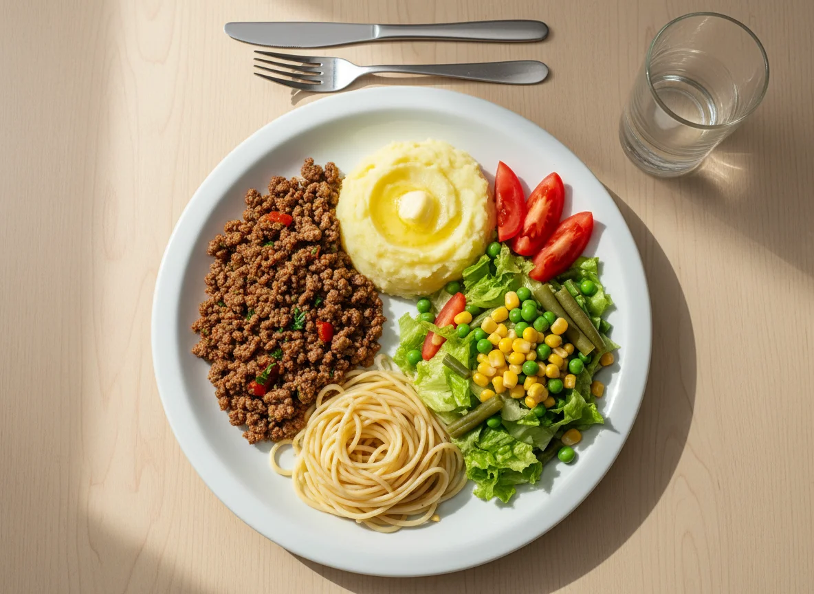 Prato feito com carne moída, purê, macarrão e salada photo