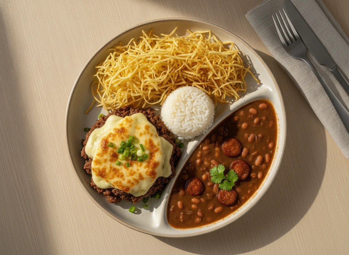 Prato feito com carne moída, queijo, batata palha e feijão photo