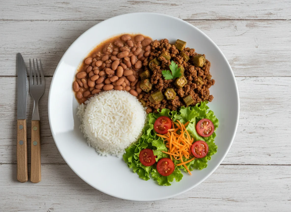Prato feito com carne moída, quiabo, arroz, feijão e salada photo