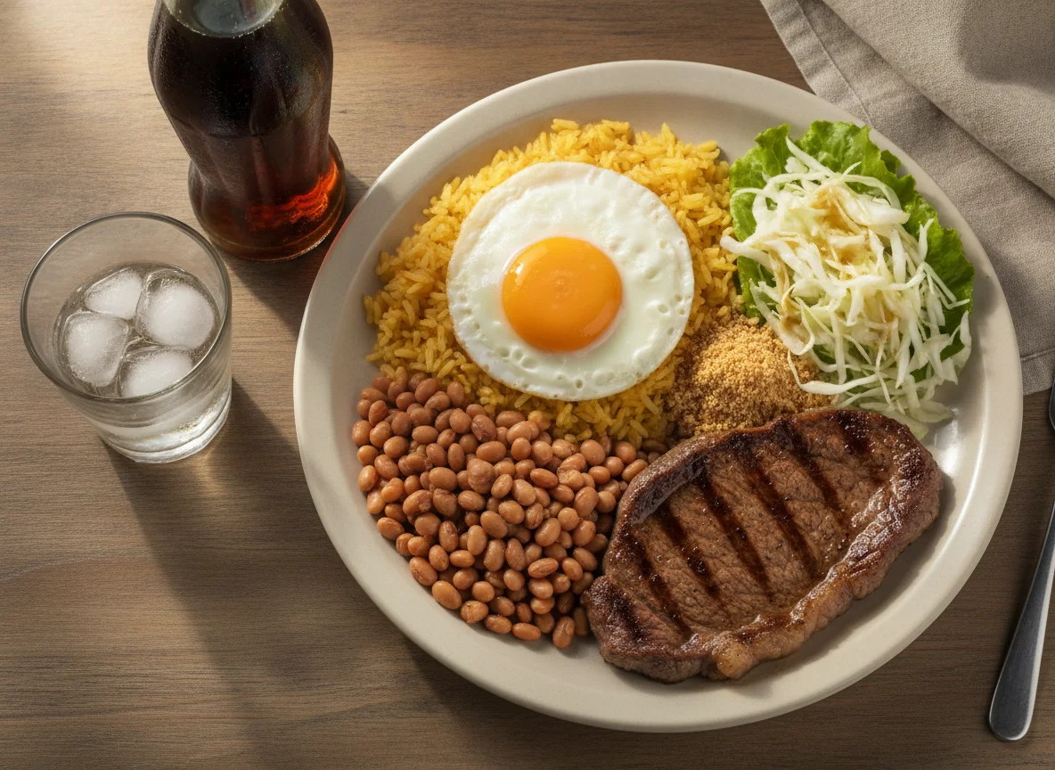 Prato Feito com Carne, Ovo, Arroz, Feijão e Salada photo