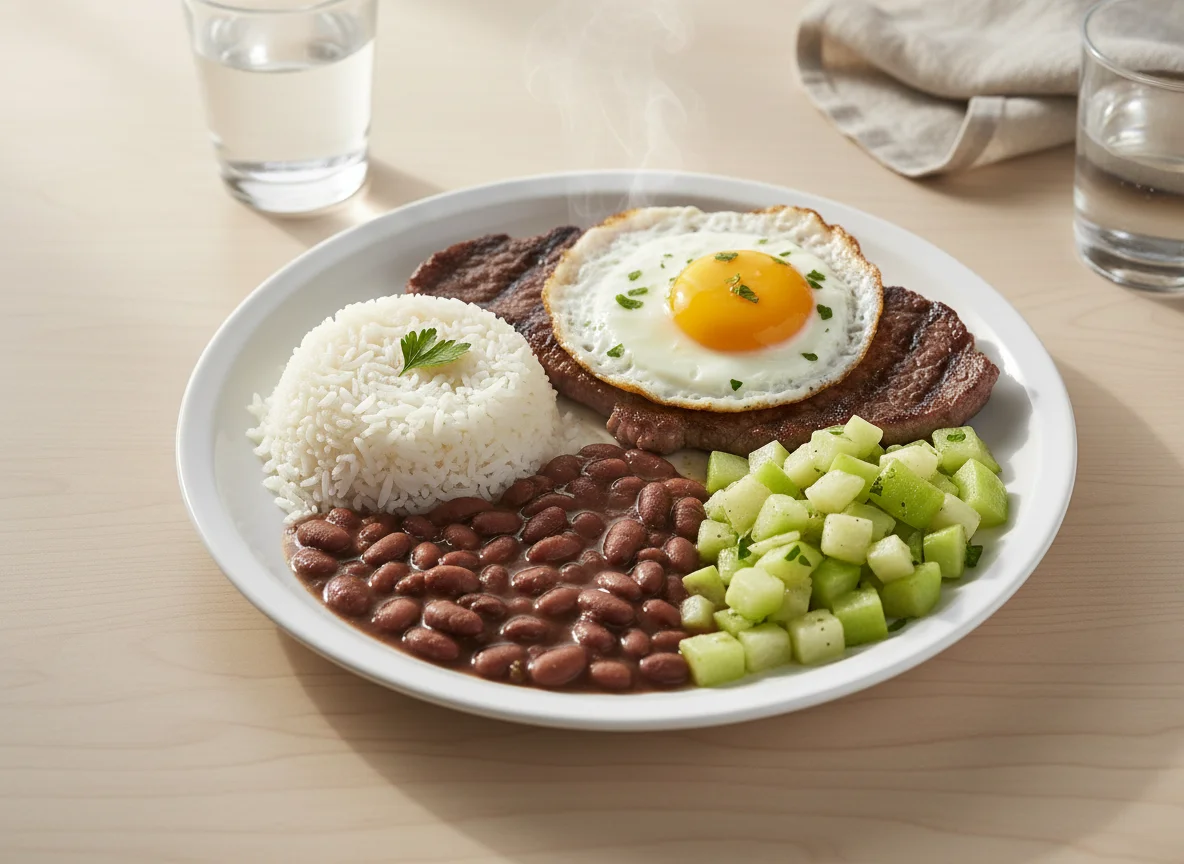 Prato feito com carne, ovo, chuchu e feijão photo