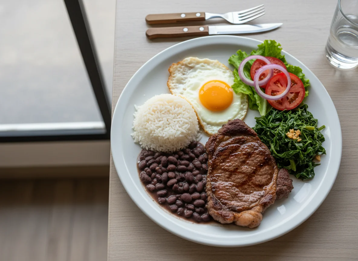 Prato feito com carne, ovo e acompanhamentos photo