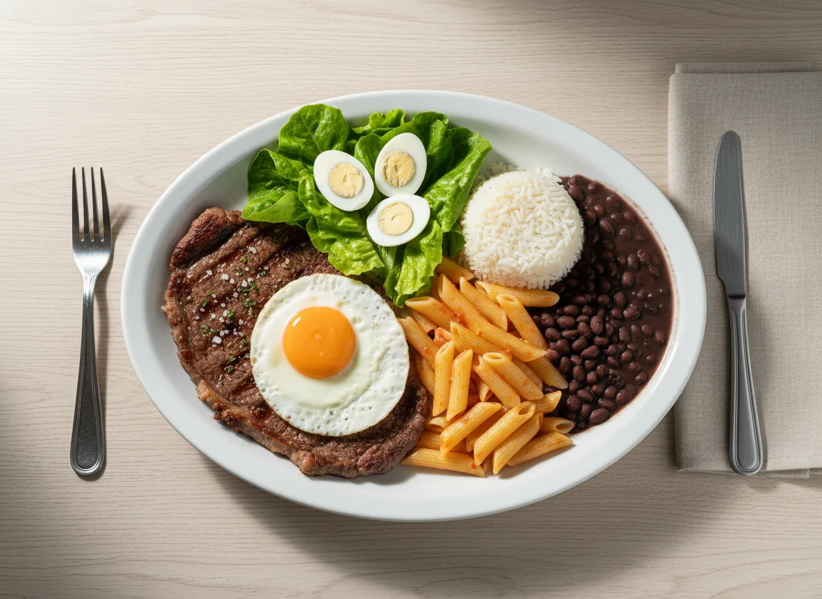 Prato feito com carne, ovo, massa e salada photo