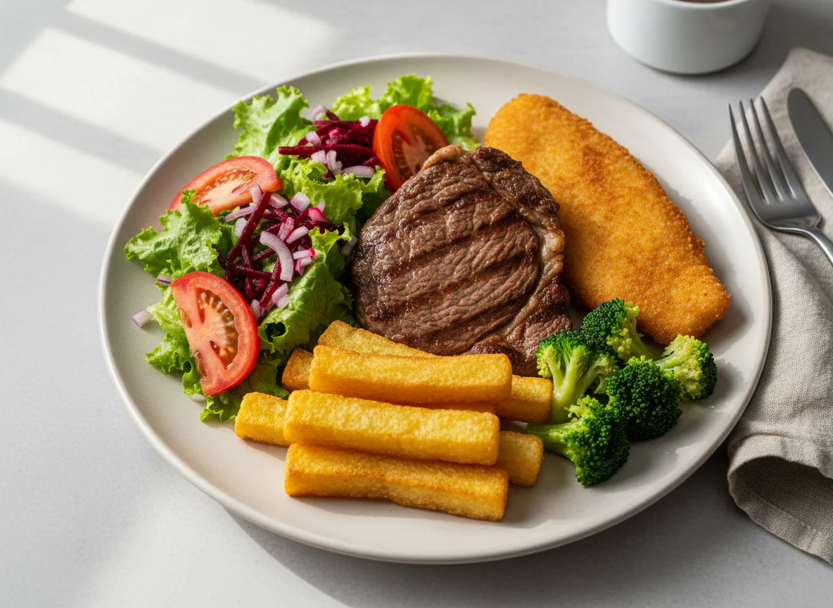 Prato feito com carne, peixe frito, polenta e salada photo