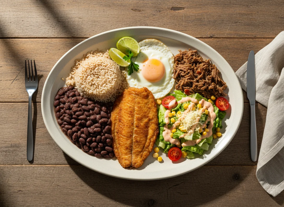 Prato feito com carne, peixe, ovo e salada photo