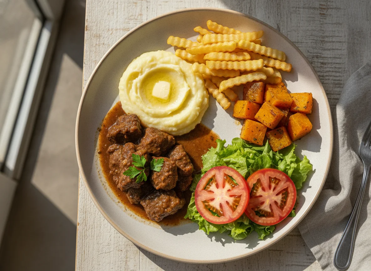 Prato feito com carne, purê, abóbora, batata frita e salada photo