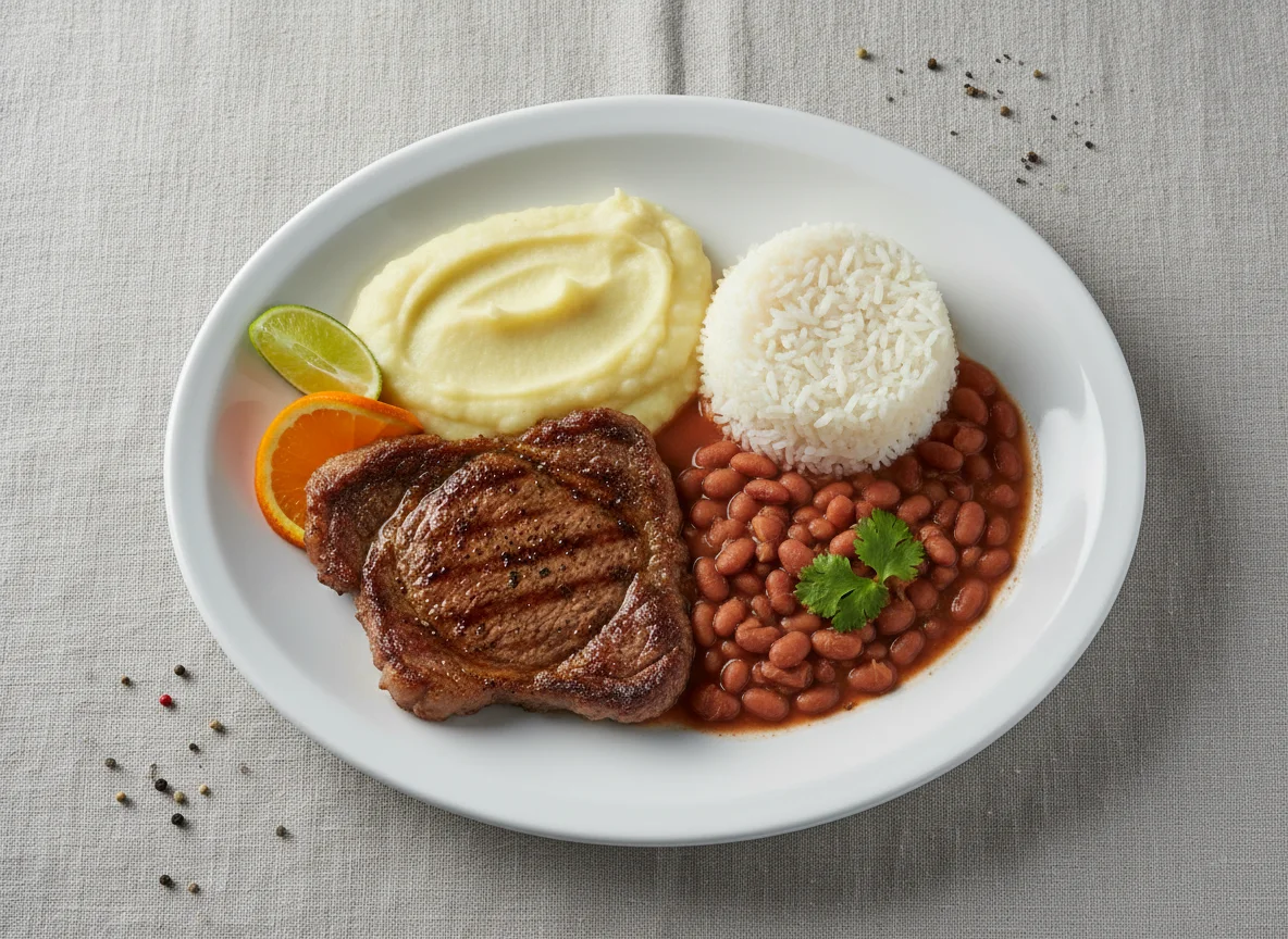 Prato feito com carne, purê, arroz e feijão photo