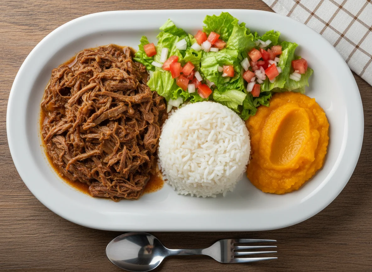 Prato feito com carne, purê, arroz e salada photo