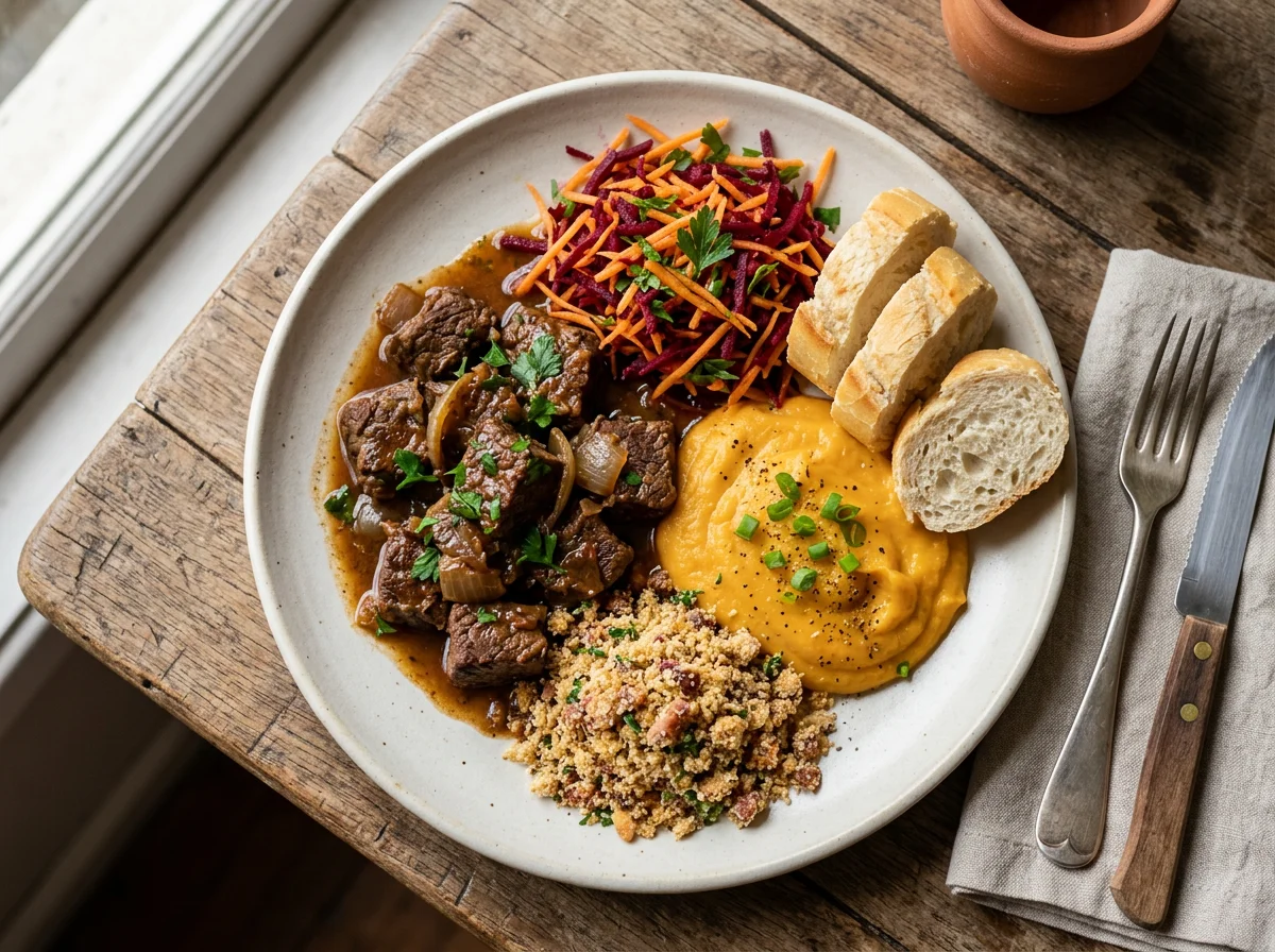 Prato feito com carne, purê de abóbora, farofa e salada photo