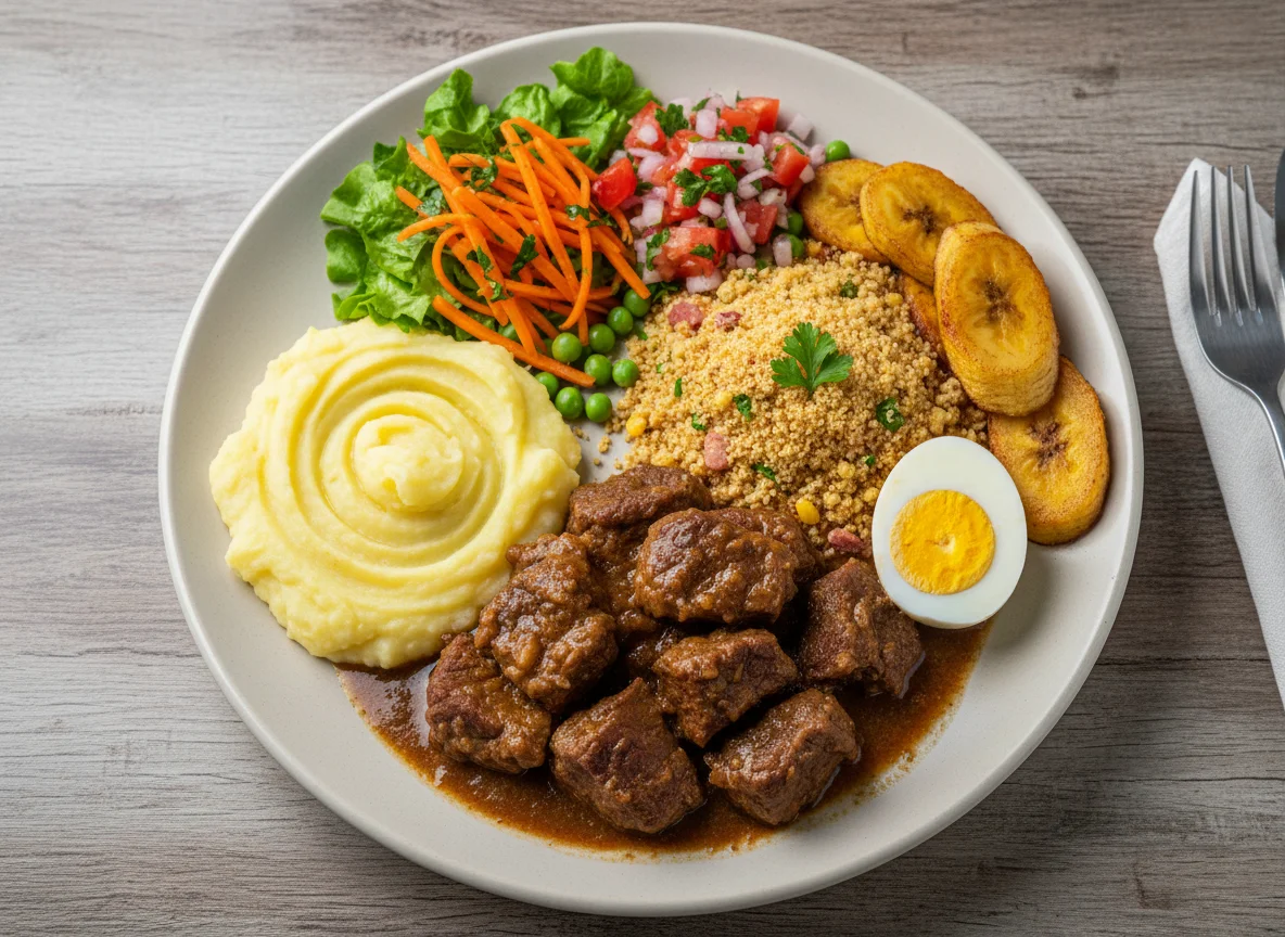 Prato feito com carne, purê, farofa e salada photo