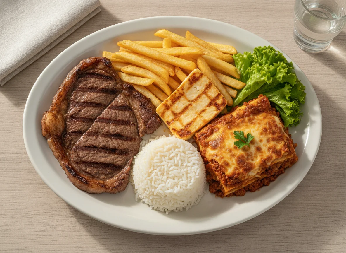 Prato Feito com Carne, Queijo Coalho, Lasanha e Fritas photo