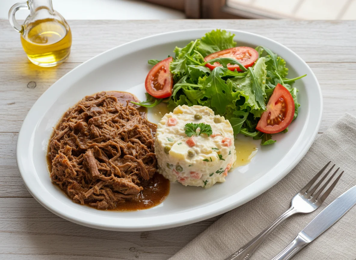 Prato feito com carne, salada de maionese e salada verde photo