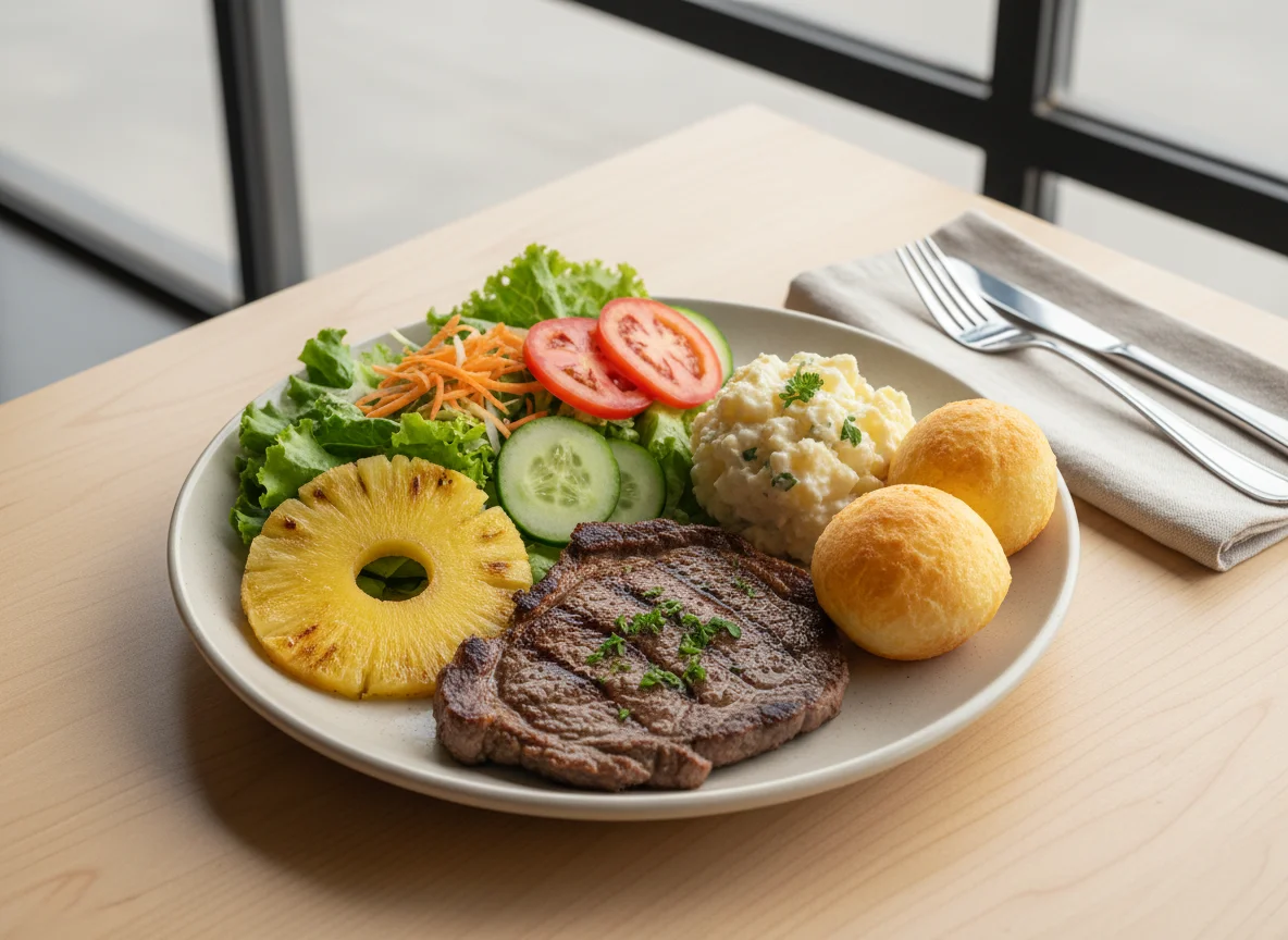 Prato feito com carne, salada, maionese e abacaxi photo