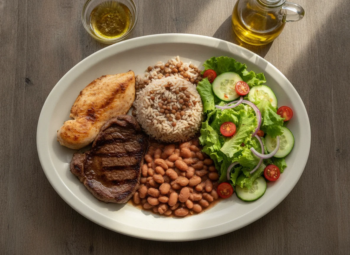 Prato feito com carnes, arroz, feijão e salada photo