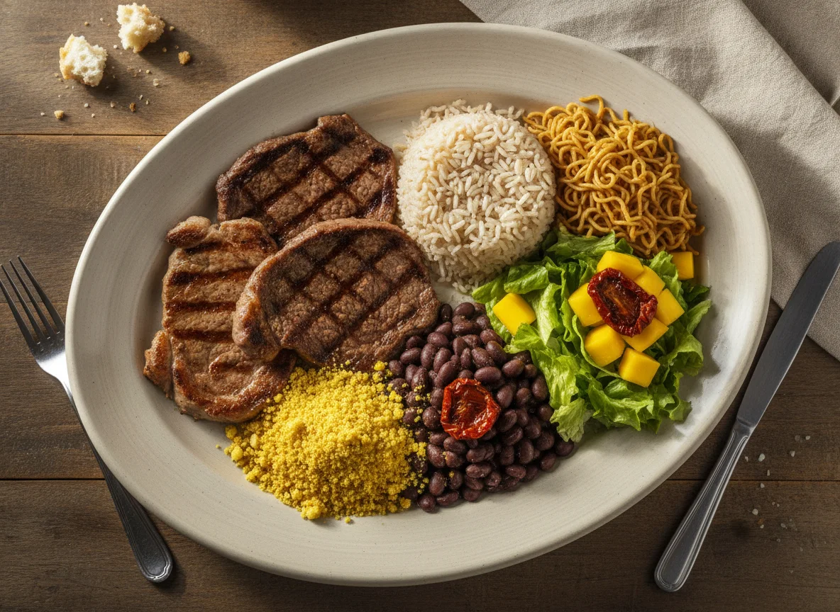 Prato Feito com Carnes, Arroz Integral, Macarrão e Salada photo