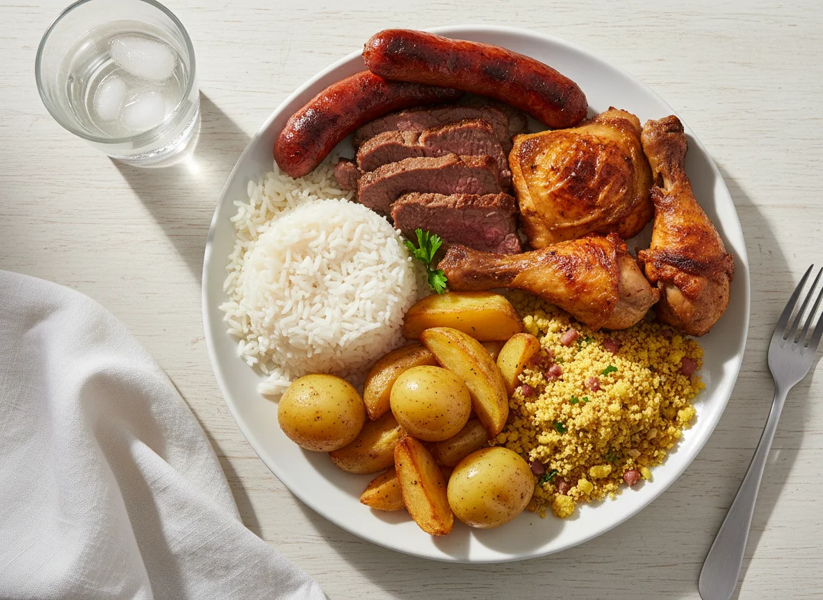 Prato feito com carnes e acompanhamentos photo