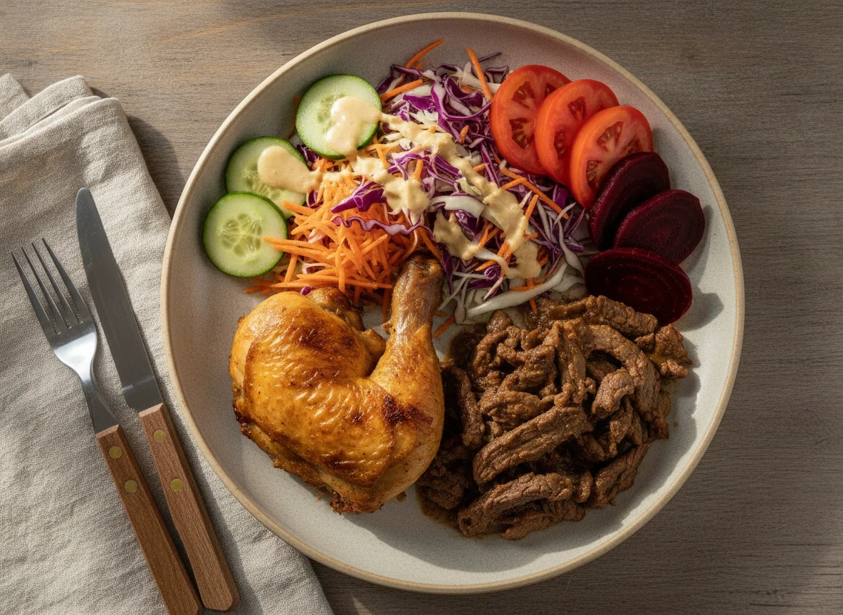 Prato feito com carnes e salada variada photo
