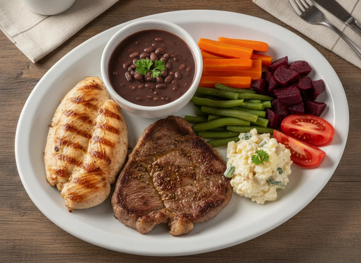 Prato feito com carnes e vegetais variados photo
