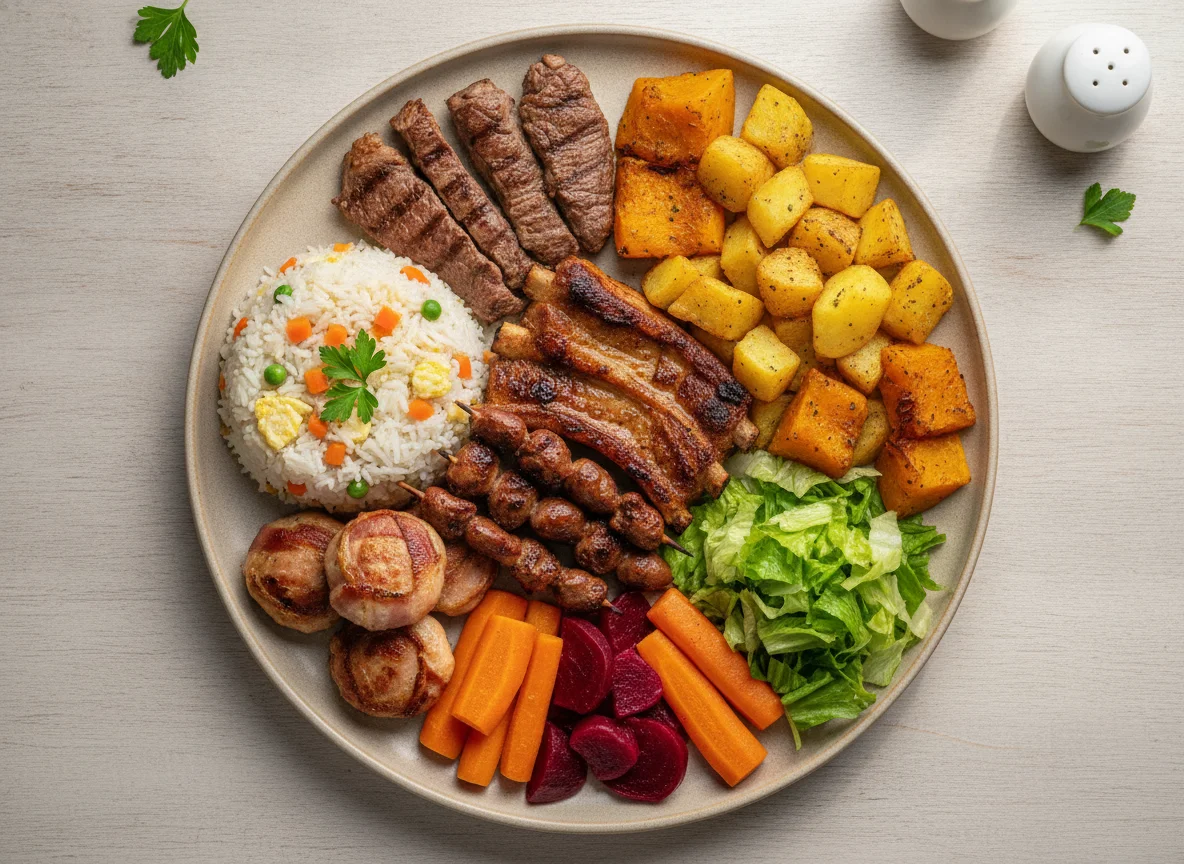 Prato feito com carnes grelhadas, arroz e vegetais photo