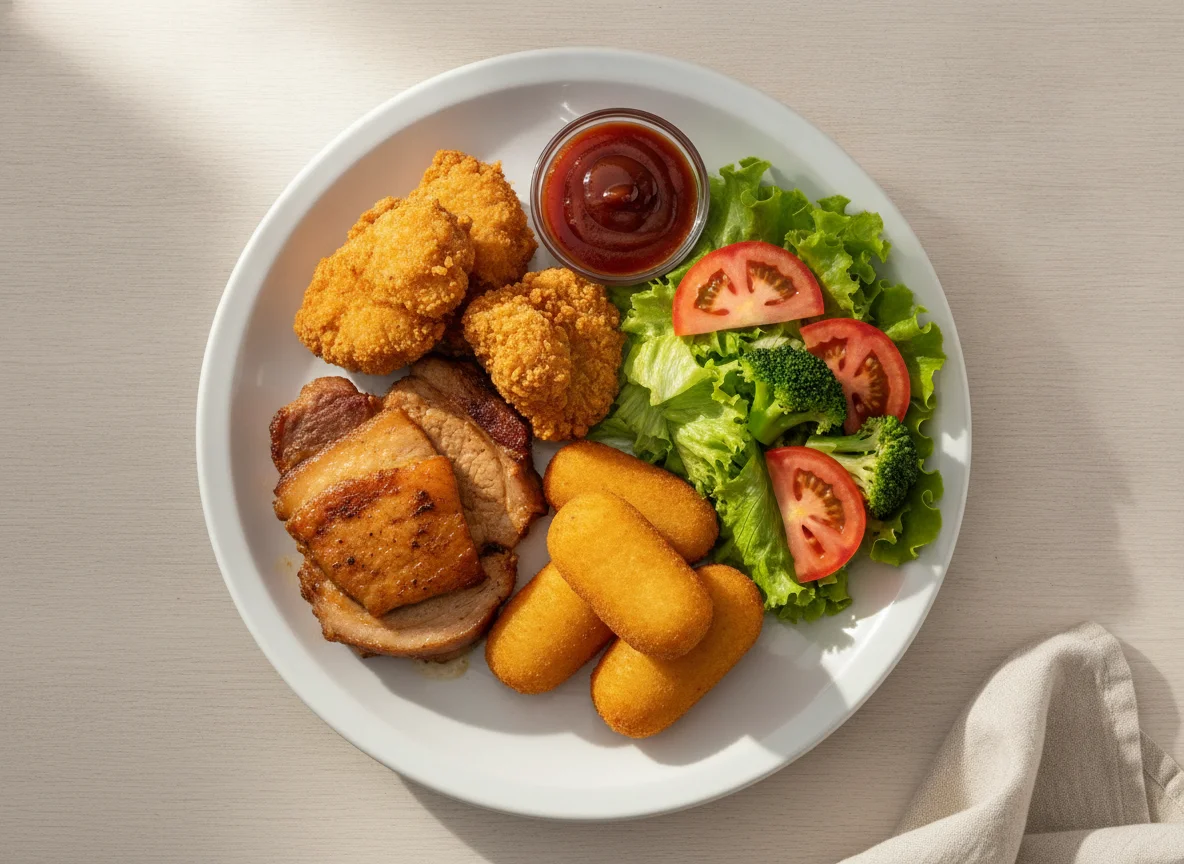 Prato Feito com Carnes, Salada e Croquete photo