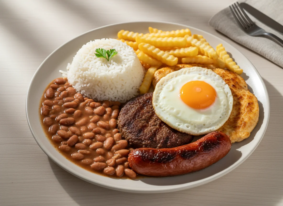 Prato feito com carnes variadas, arroz, feijão, ovo e batata frita photo