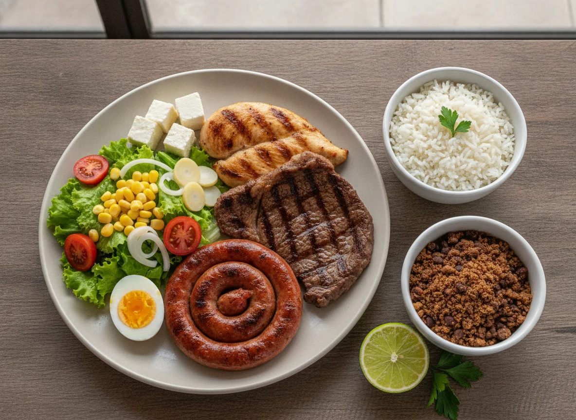 Prato feito com carnes variadas, ovo e salada photo