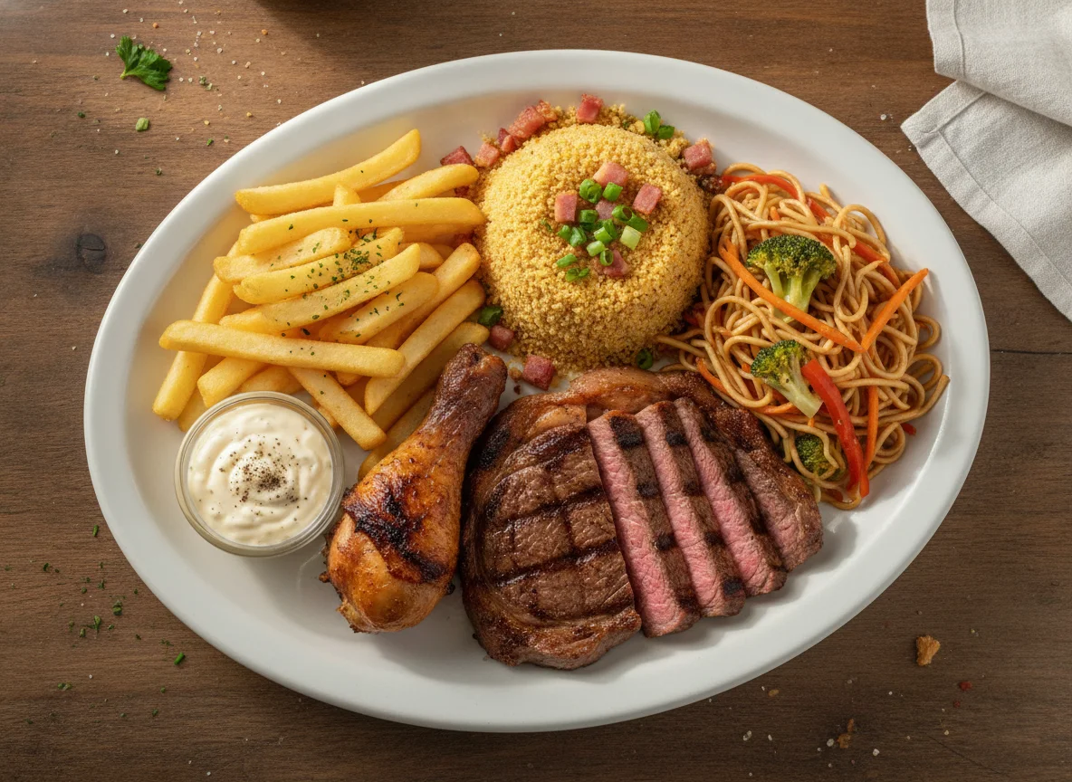 Prato Feito com Churrasco, Batata Frita e Farofa photo