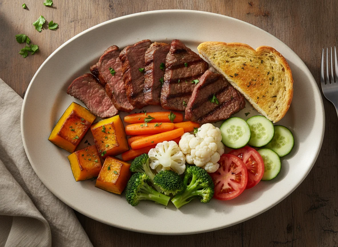 Prato feito com churrasco, legumes e pão de alho photo