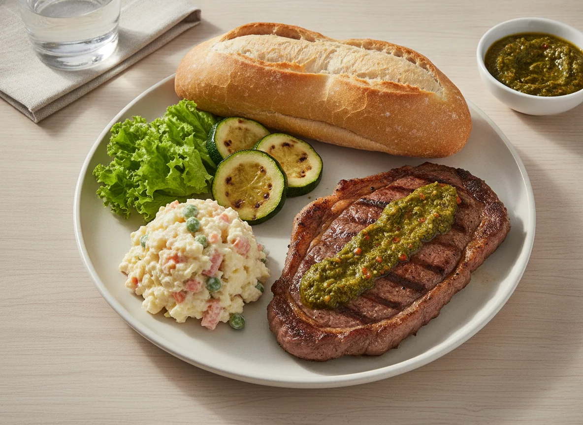 Prato feito com churrasco, salada e pão francês photo