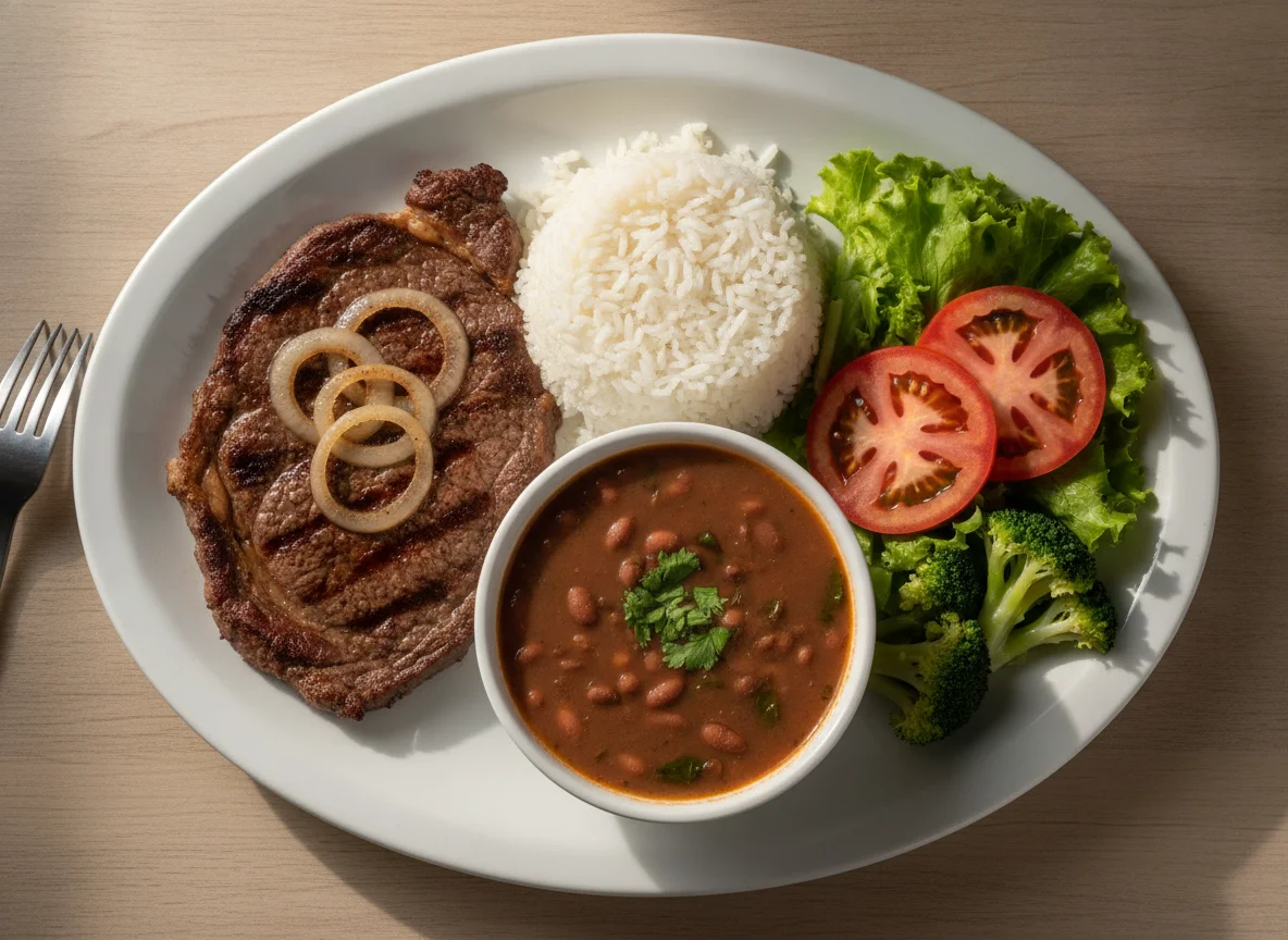 Prato feito com contra filé, arroz, feijão e salada photo