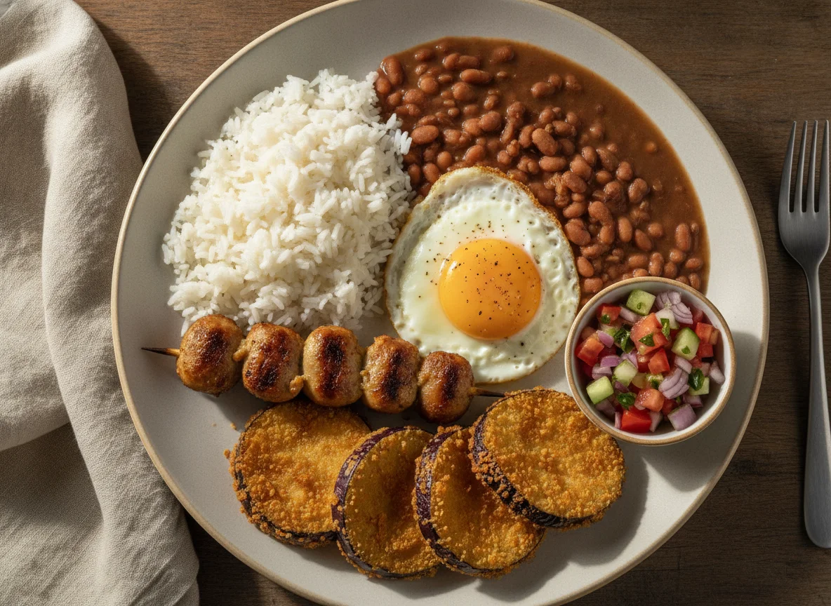 Prato Feito com Coração de Galinha, Ovo, Arroz, Feijão e Berinjela photo