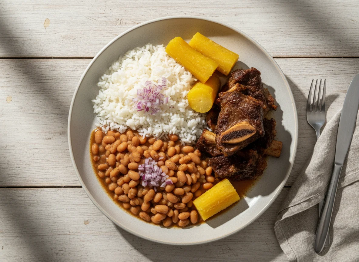 Prato feito com costela, arroz, feijão e mandioca photo