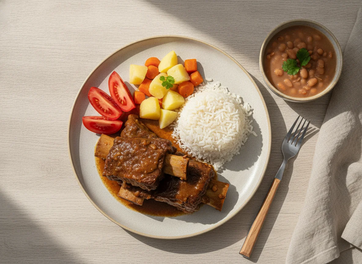 Prato feito com costela bovina, arroz, feijão, batata, cenoura e tomate photo